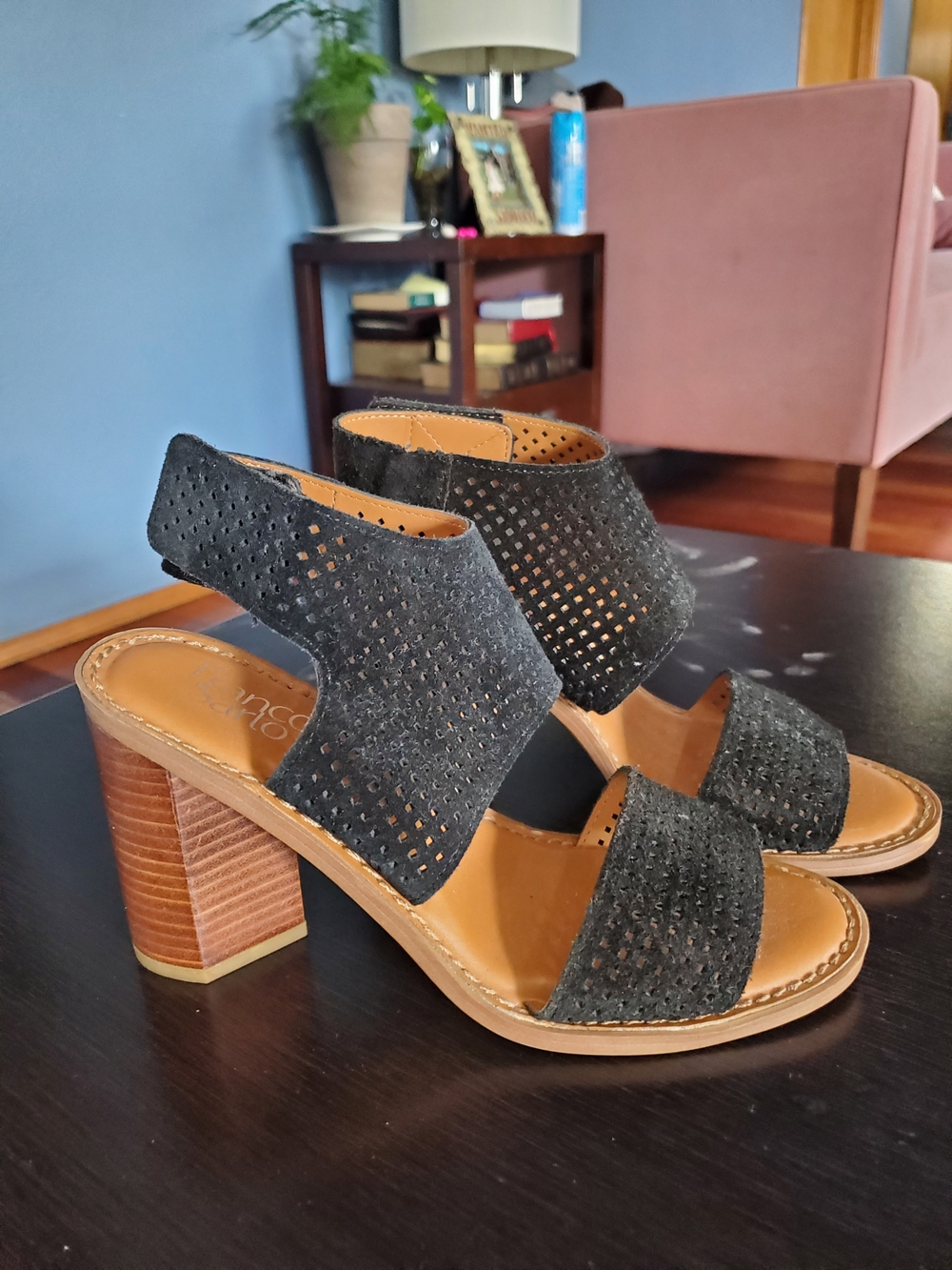 Franco Sarto Black Perforated Suede Block Heel Sandals